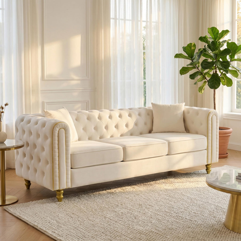 Chesterfield 86" 3-Seater White Sofa Sets, 3+2-Seater Couch Comfy Sofa, Button Tufted Rolled Arms and Gold Legs for