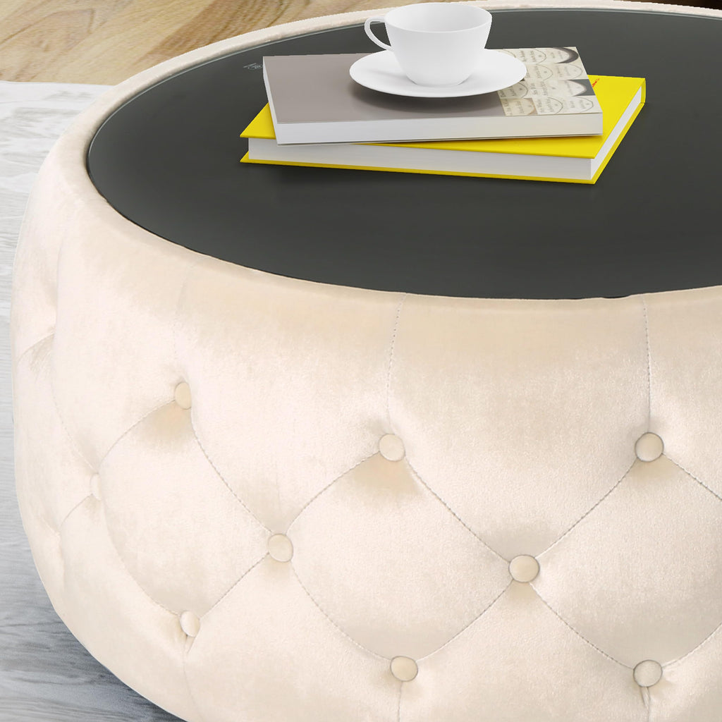 30" Round Velvet Ottoman Coffee Table, Button Tufted Coffee Table with Tempered Glass Top Modern Upholstered Tufted