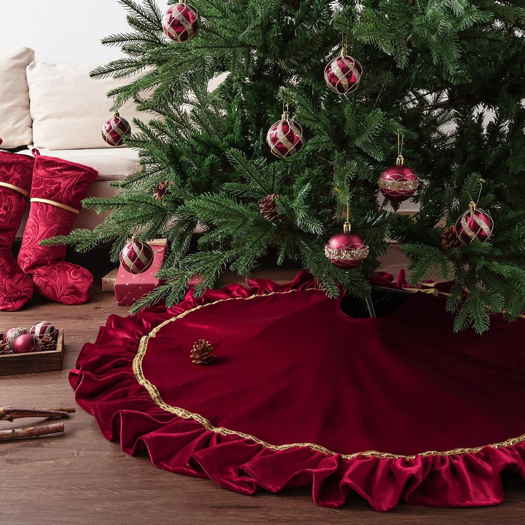 Christmas Tree Skirt: 48 Inch Large Luxury Wine Red Velvet Plush Fur Ruffled Christmas Tree Skirts with Gold Trim