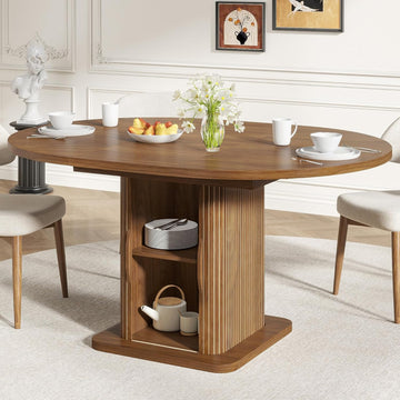 Extendable Round Dining Table for 4-6-8, 59 Inch Dining Room Kitchen Table with Storage, Fluted Wood Slide Door