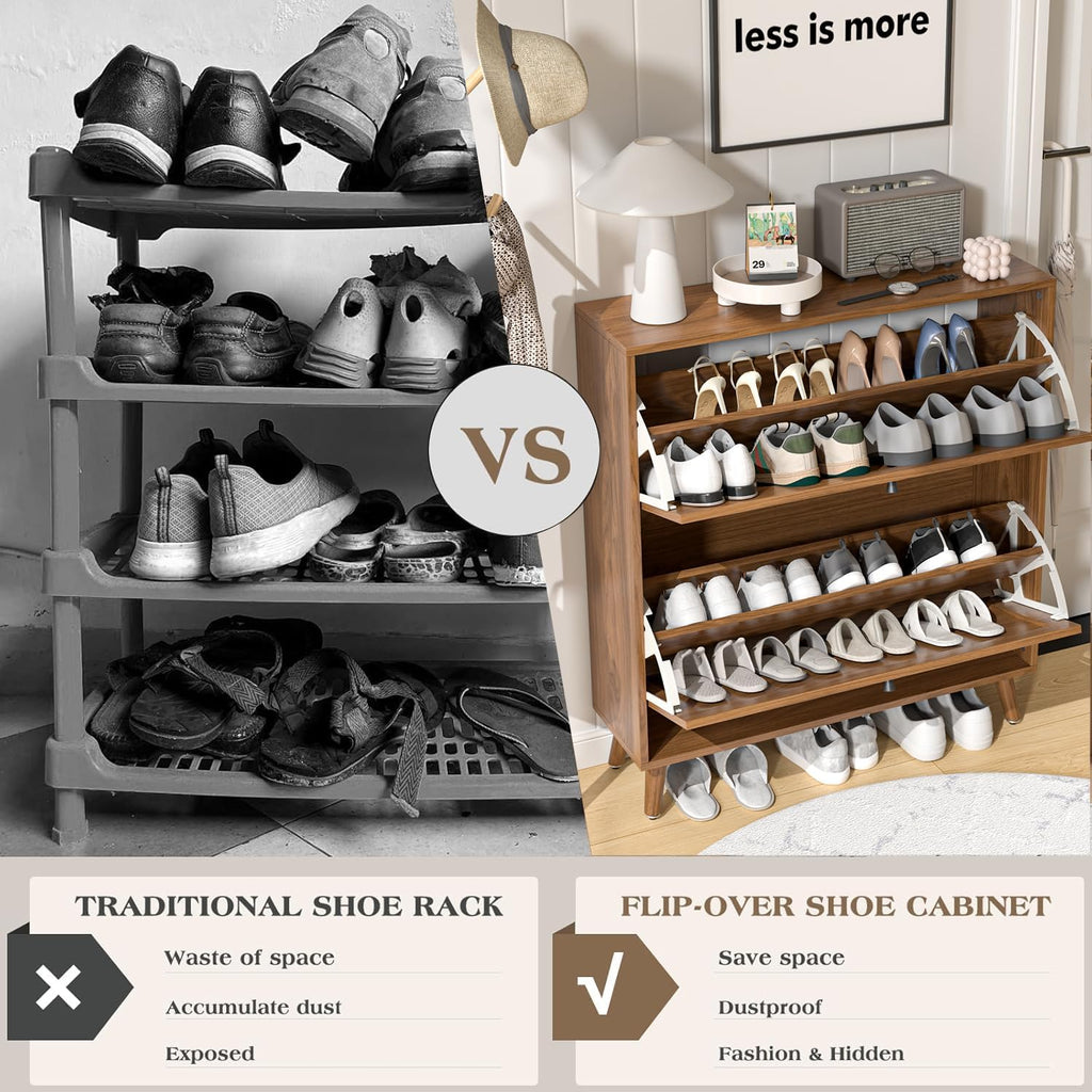 Shoe Storage Cabinet with 2 Flip Drawers, Narrow Wood Shoe Cabinet with Fluted Panel, Freestanding Hidden Shoe