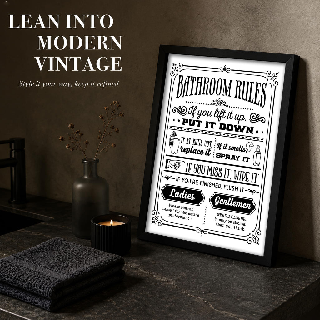 Framed, Black and White Wall Art - Funny Toilet Rules Prints, Humorous Restroom Sign Canvas, Washroom Regulations