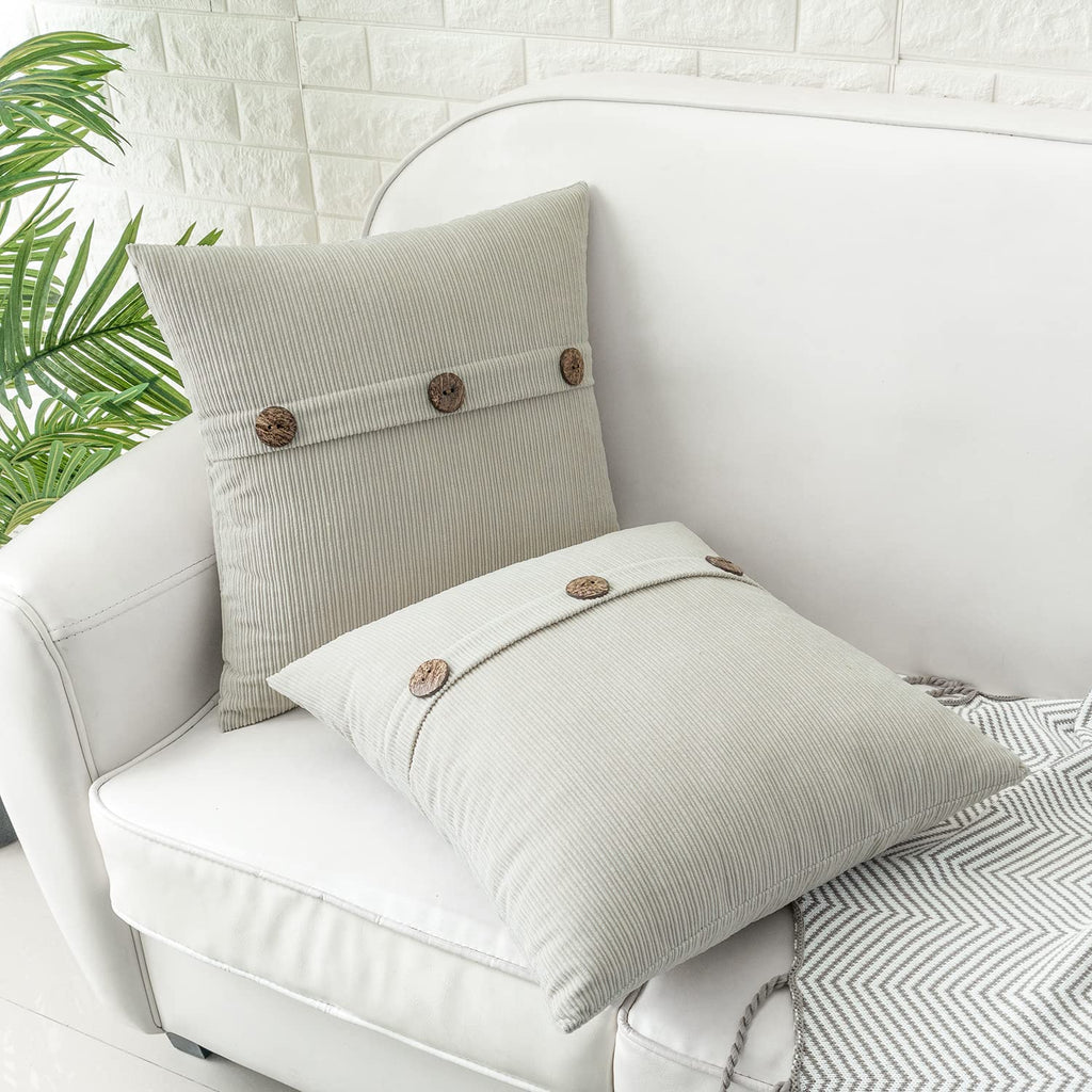 Light Grey Chenille Throw Pillow Covers 18x18 Inch Buttons Pack of 2