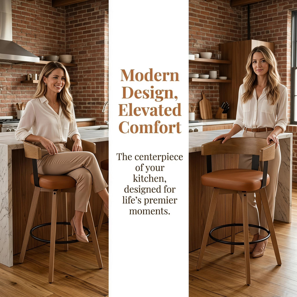Modern PU Leather Swivel Bar Stools, Brown, Set of 4