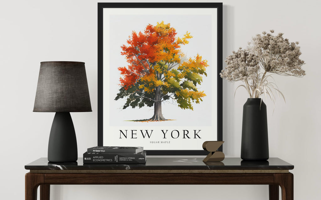 York Sugar Maple Tree Black Framed Poster Wall Painting, US State Print Artwork, Vintage Bathroom Living Room