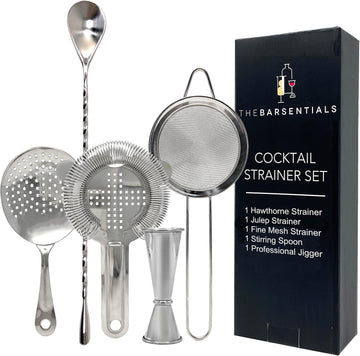 Cocktail Strainer Set Stainless Steel Bar Tools with Stirring Spoon - Hawthorne, Julep, Fine-Mesh and Jigger - Set of 5