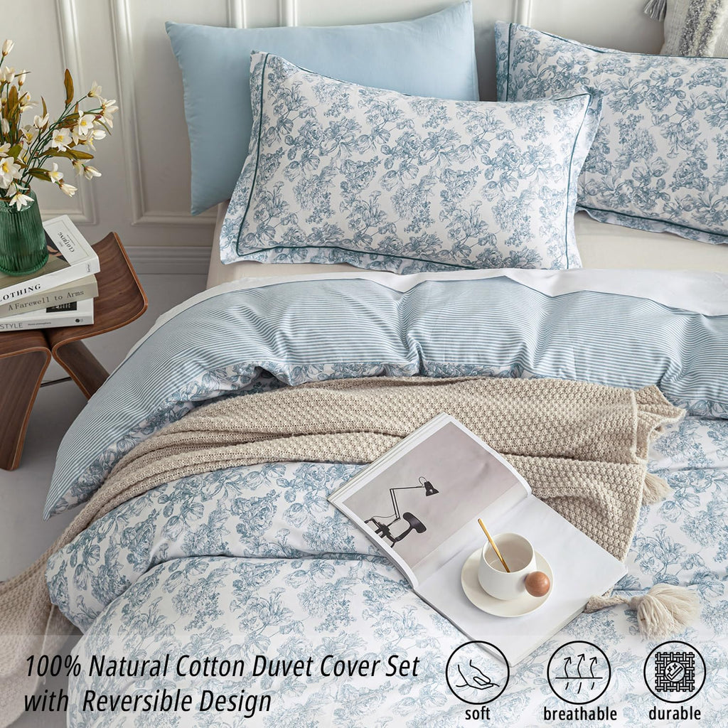 Vintage 100% Cotton Duvet Cover King 3PC - Elegant Pale Slate Blue Floral Pattern on White with Light Blue & White