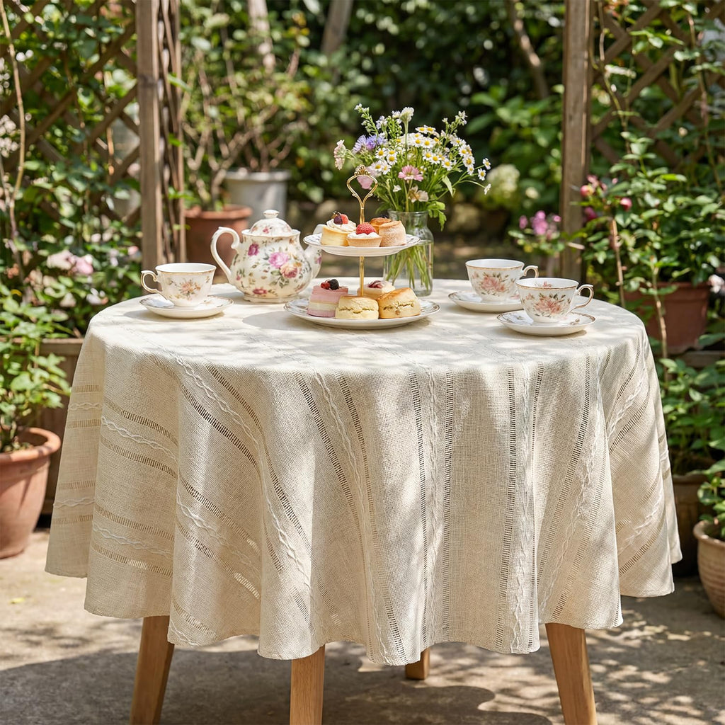 Beige Round Tablecloth, 60×60 Inch, Farmhouse Decor