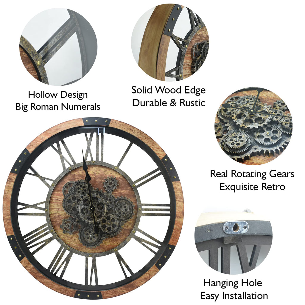 27 inch Large Real Moving Gears Wall Clock with Toughened Glass Cover, Oversized Vintage Solid Wood Farmhouse Clock