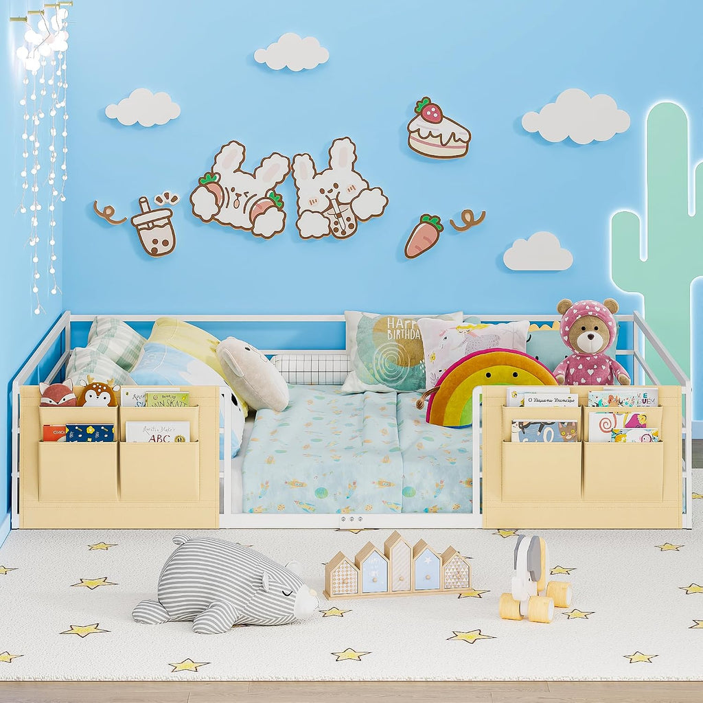 Floor Bed for Kids with Safety Guardrails and Bedside Caddy