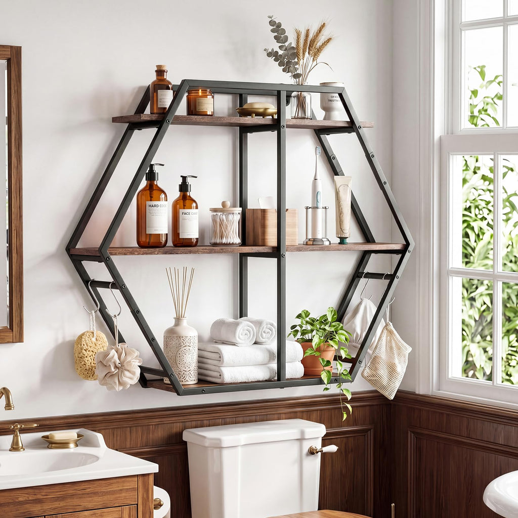 Hexagon Wall Shelf, 3-Tier Geometric Bookcase with 4 S-Shaped Hooks & Heavy Duty Metal Frame, Wall Mounted Industrial