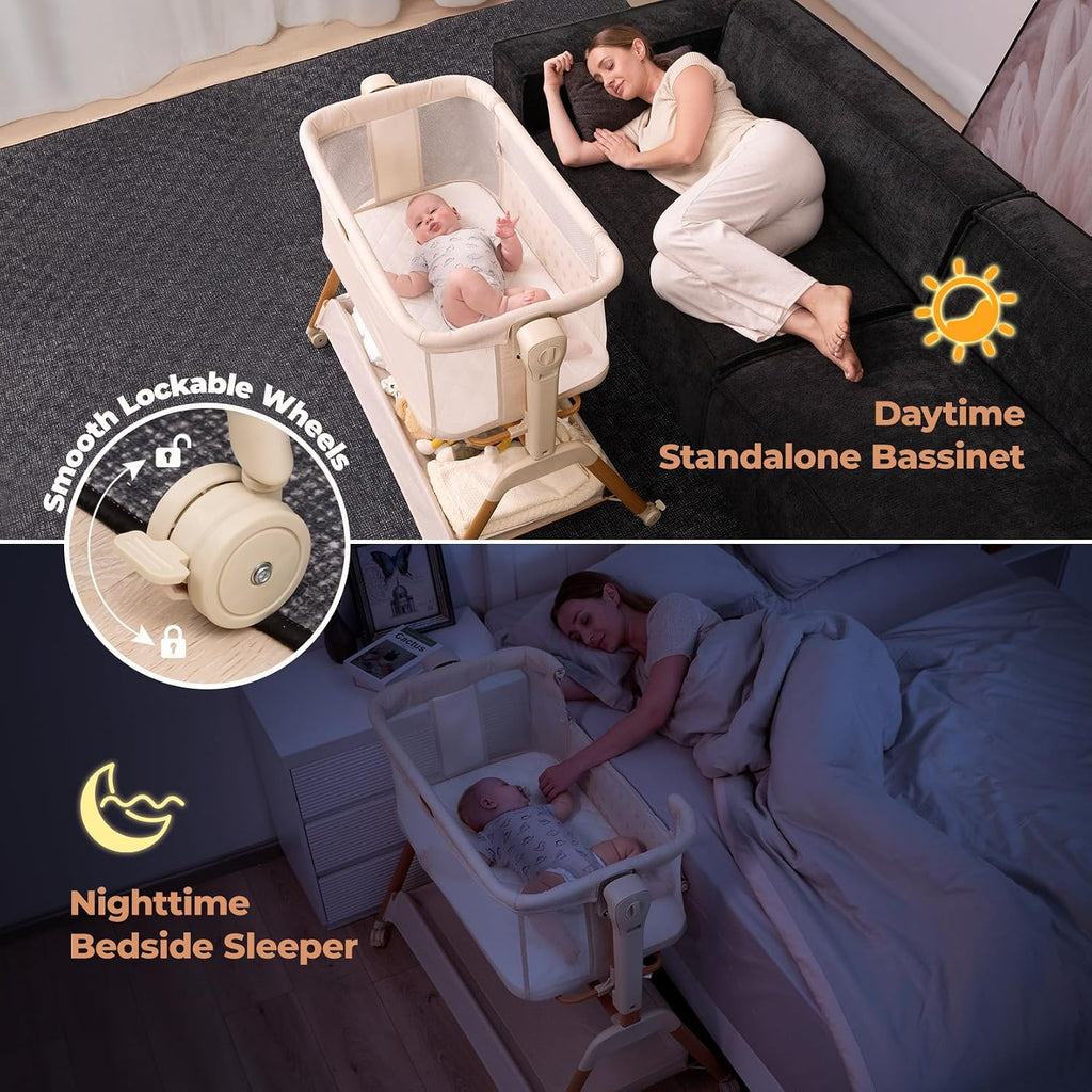 Baby Bassinet Bedside Sleeper: 3-in-1 Rocking Bassinet for Baby - Breathable Full-Mesh Crib with Mattress | 6 Height