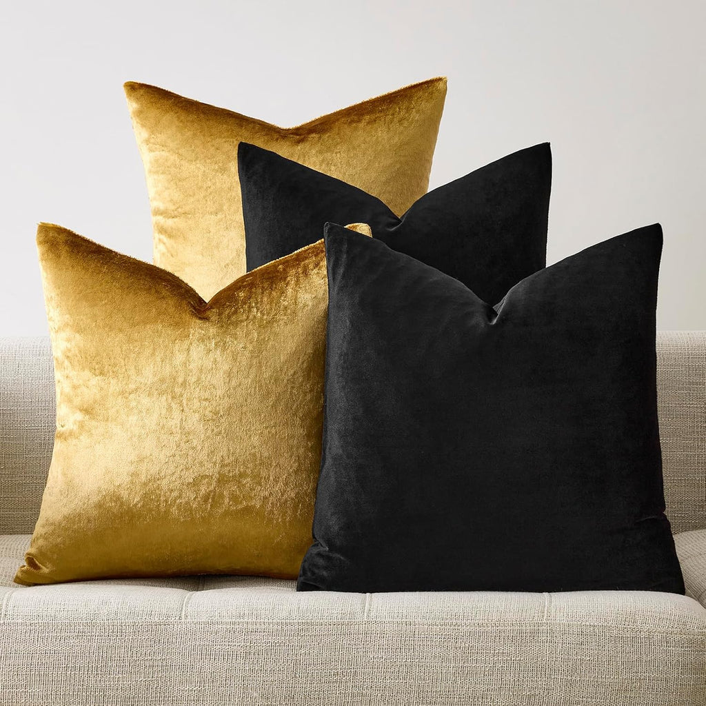 Decorative Throw Pillow Covers 18 x 18,Gold Black Soft, Set of 4 Square Velvet Cushion Covers