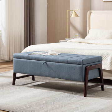 48" Storage Bench, End of Bed Bench with Button-Tufted, Upholstered Storage Ottoman Bench with Wooden Legs, Fabric