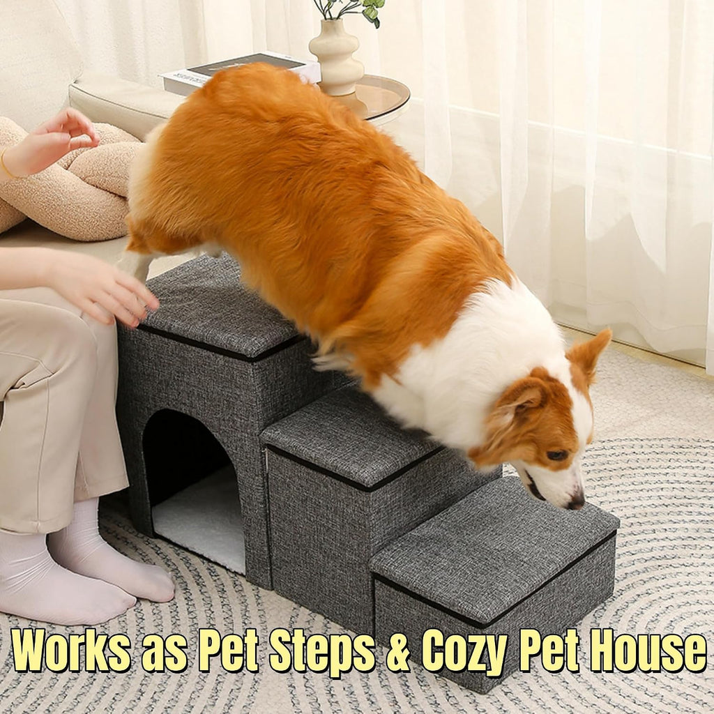 Foldable 3-Step Pet Stairs with Storage & Cat House, Non-Slip Dog Steps Ramp, Sturdy Pet Ladder for Couch, Bed, Ideal