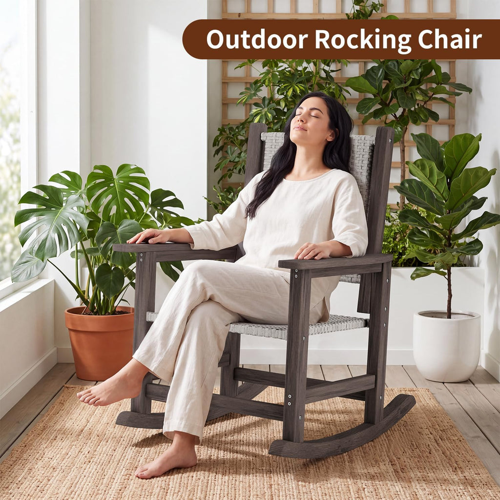 HDPE Outdoor Rocking Chair, All-Weather Wicker Porch Rocker, Dark Brown | Durable HDPE frame with woven seat and