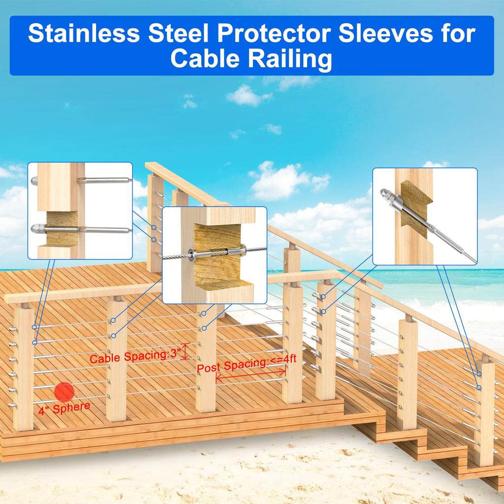 120 Pack Stainless Steel Protector Sleeves for 1/8" 5/32" or 3/16" Deck Cable Railing, for Wood/Composite Posts, T316