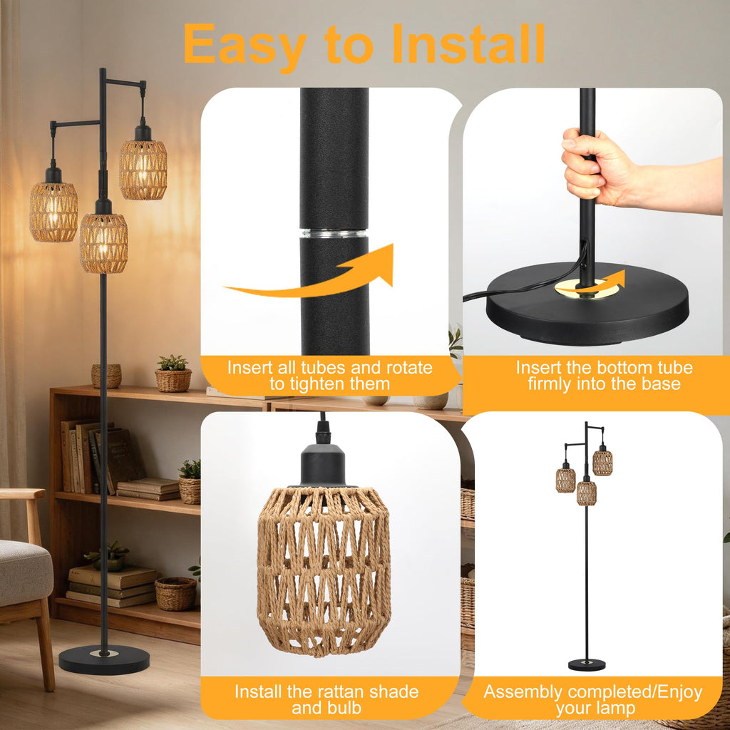 Boho Rattan Tree Floor Lamp, Black Dimmable Standing Lamp