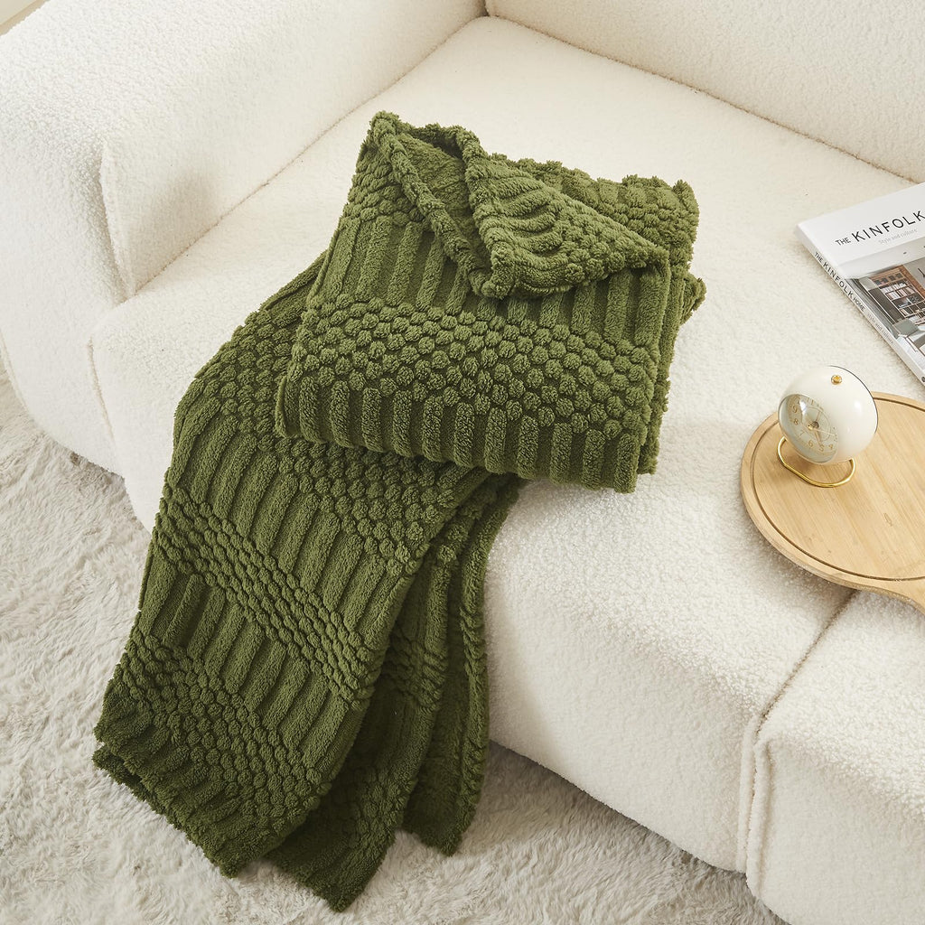 Olive Green Boho Throw Blanket for Couch, Soft Fleece Plush Lightweight Blanket 60x80, Fuzzy Moss Green Blanket Bed