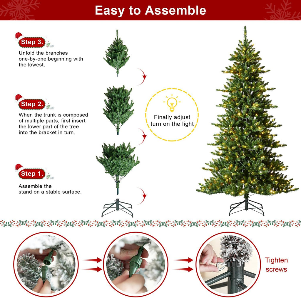 7.5ft Prelit Christmas Tree, Artificial Christmas Tree Emerald Elegance Slim Green Fir Tree with 400 LED Lights, 1336