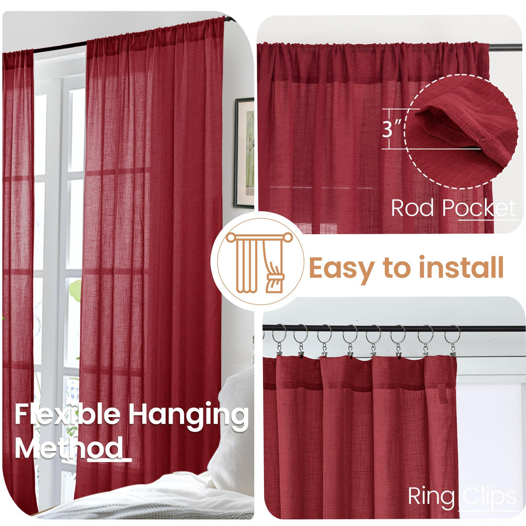 Burgundy Linen Curtains 45 Inch Length for Short Kitchen Window, Rod Pocket Semi Sheer Drapes Cafe Bathroom Decor