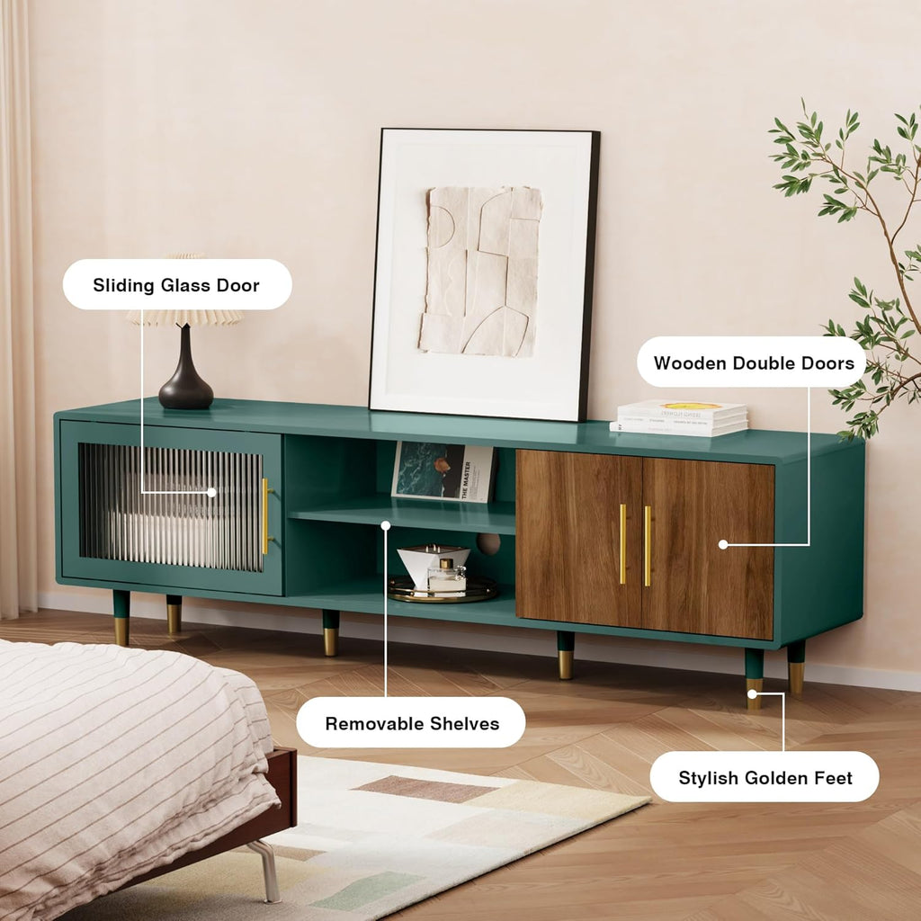 TV Stand with Glass Sliding Door, 66" Mid Century Modern TV Cabinet for TVs up to 75 inch, Entertainment Center with