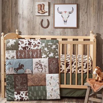 3 Pcs Western Cowboy Crib Sheet Set Baby Crib Bedding Set Includes 52"x28" Fitted Sheet, Quilt, Bed Skirt for Newborn