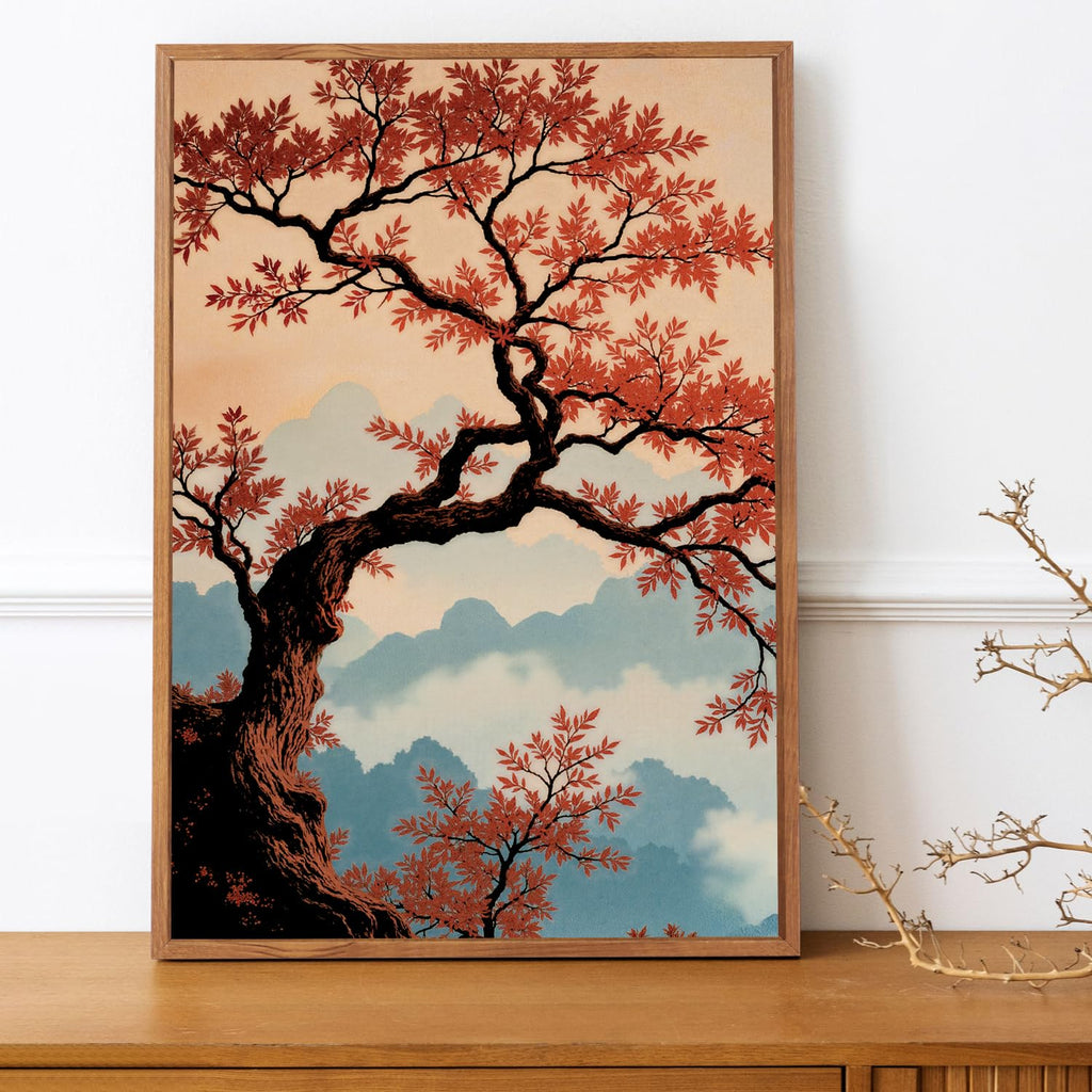 Large Boho Mountain Sunset Framed Canvas Wall Art Set of 3(16"X24")Pine Tree Red Flowers Wall Decor, Chinese Style