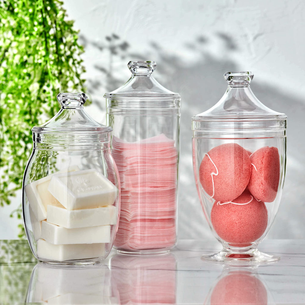 Adore - Plastic Apothecary Jars (3-Piece Set, 52/46/46 oz) (NOT Glass), Acrylic Jars with Lids, Bathroom Canisters