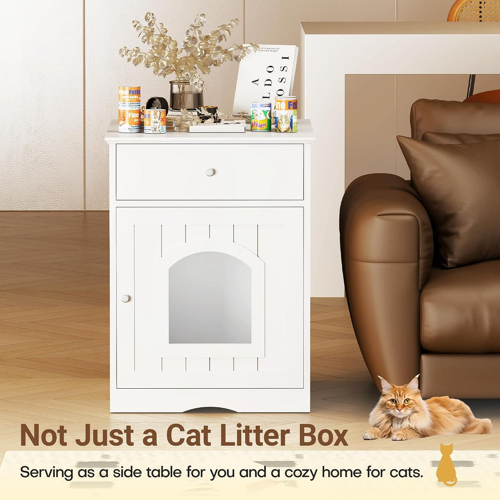 Litter Box Enclosure, Hidden Cat Litter Box Cabinet with Drawer, Wooden Pet Crate, Litter Box Furniture as Cat House