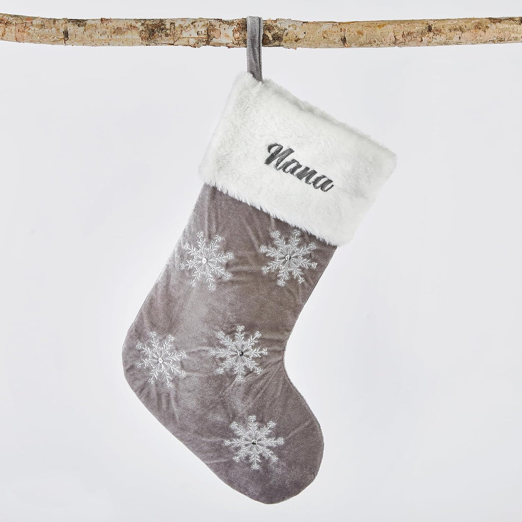 Gray & Silver Snowflake Stocking with Faux Fur Cuff (Free Customization), Luxury Christmas Stocking with Embroidered