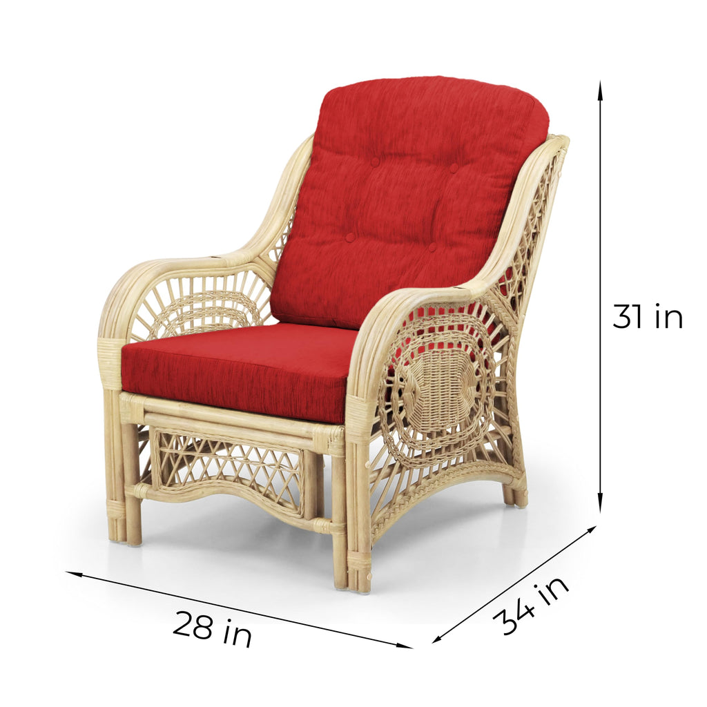 Malibu Lounge Living Accent Armchair Natural Rattan Wicker Handmade Design, Natural Color with Red Cushion