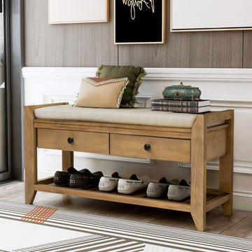 Classic Wood Entryway Bench with Shoe Storge Wood Bench Front Door Old Pine with Drawers and Seat Cushion Old Pine