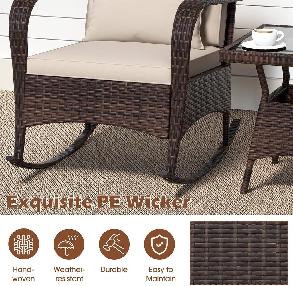 3 Pieces Outdoor Wicker Rocking Chair, Patio Furniture Set (Beige) | with Cushions, Pillows, Glass Coffee Table