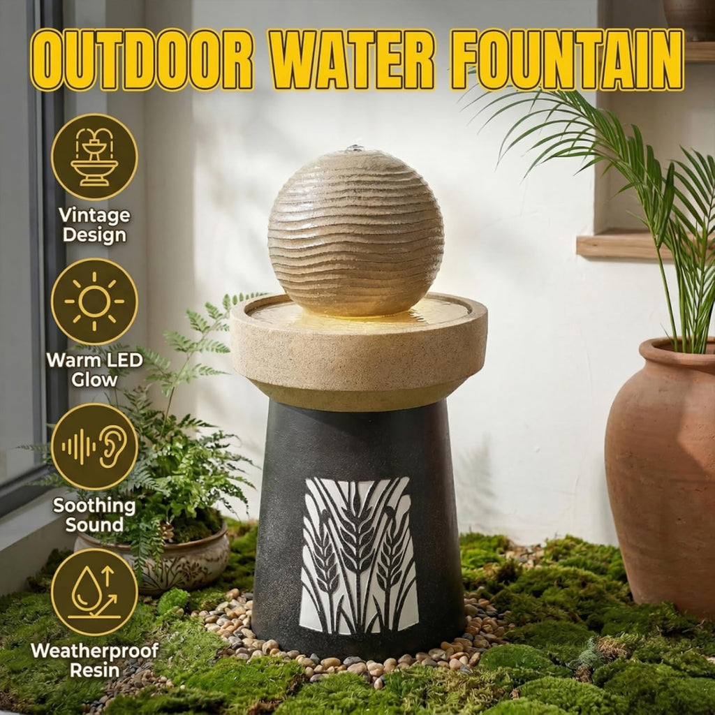 Modern Sphere Water Fountain with LED Lights and Quiet Pump, Freestanding Resin Zen Decor, Suitable , Balcony, Indoor