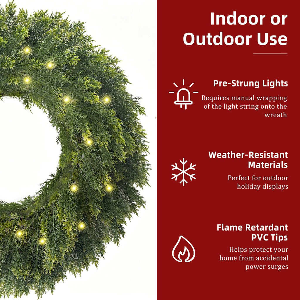 30 Inch Real Touch Lighted Christmas Cedar Wreath for Front Door | Artificial Greenery Foldable Wreath with Lights