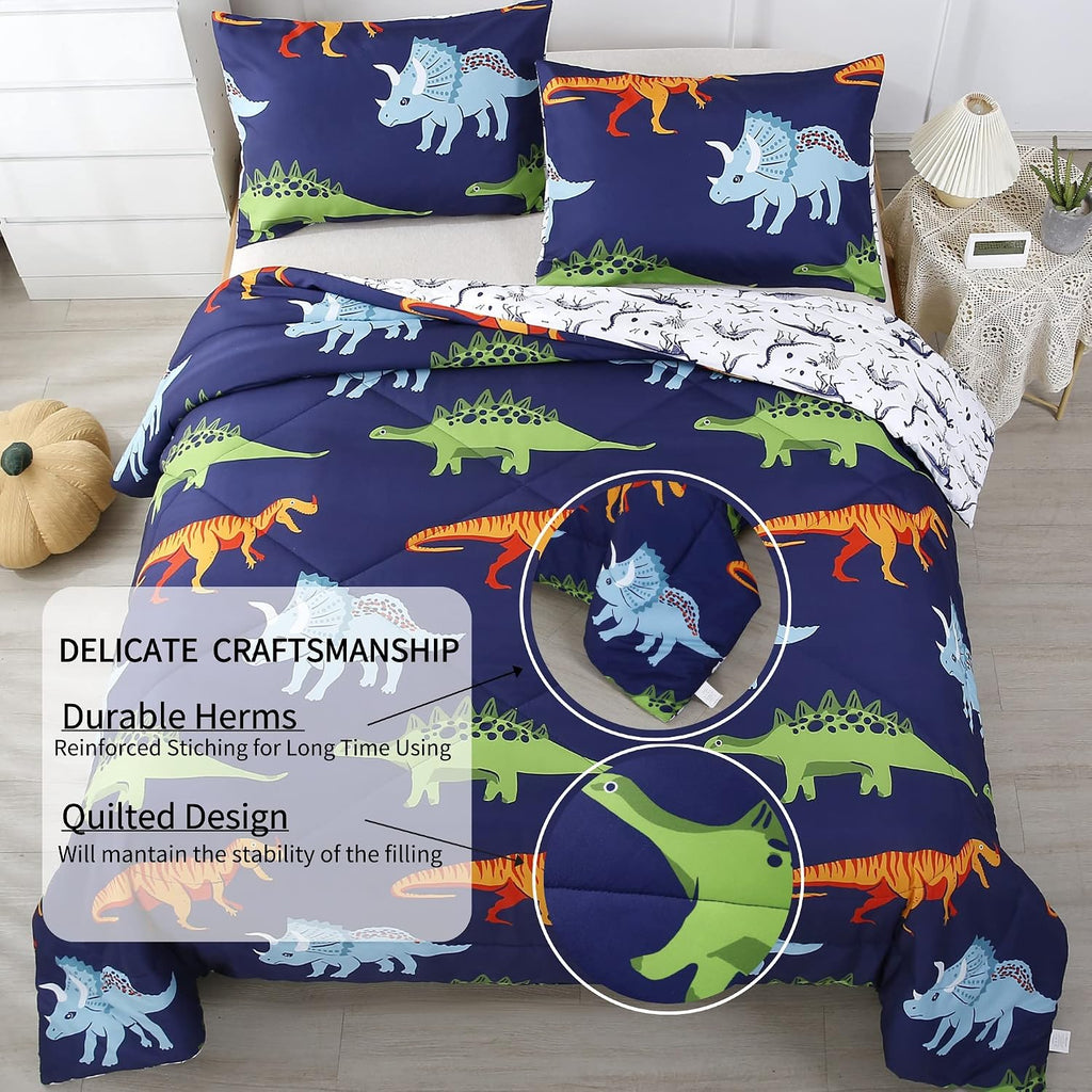 Cartoon Dinosaur Comforter Set, Dark Blue Dinosaur Kids Bedding Set for Boys, Dinosaurs Print Comforter Sets for Kids/Toddlers/Teens (Dinosaur,Full)