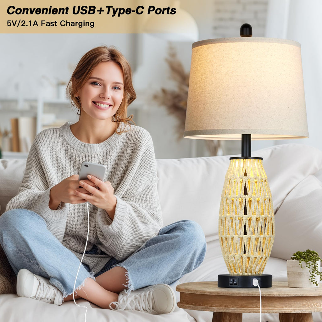 27" Beige Boho Rattan Table Lamps with Night Light, Natural Bedroom Lamps Set of 2 with USB A+C Charging Ports