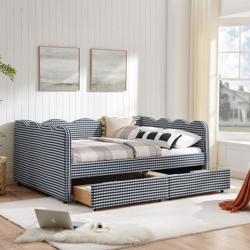 Full Size Upholstery Gingham Daybed with 2 Storage Drawers and USB, Modern Style Adorable Wave Shaped Linen Sofa Bed