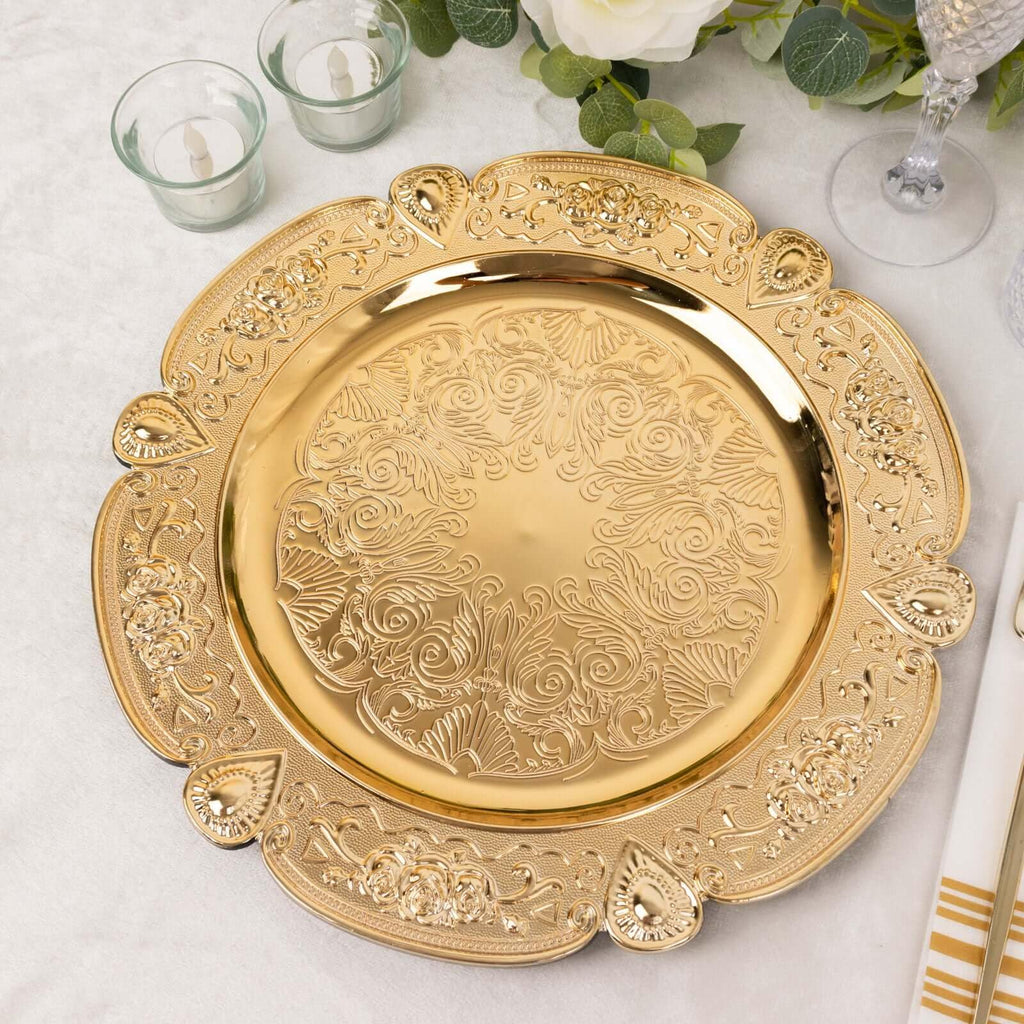 13" Gold Floral Embossed Charger Plates, Round Scalloped Rim Underplates for Spring Weddings and Garden Parties