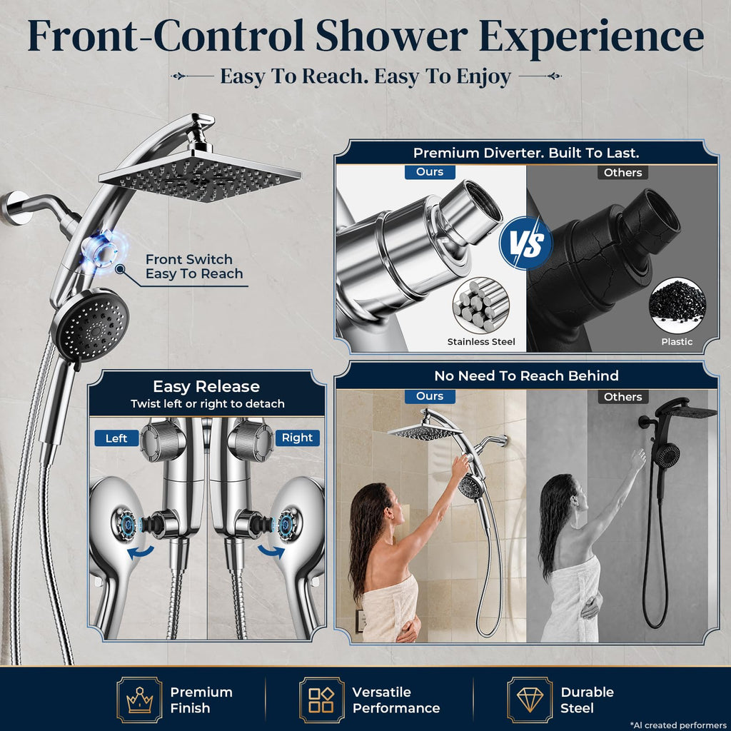 8"Square Rain Shower Head with Handheld, 8-Function Rainfall, Power Jet