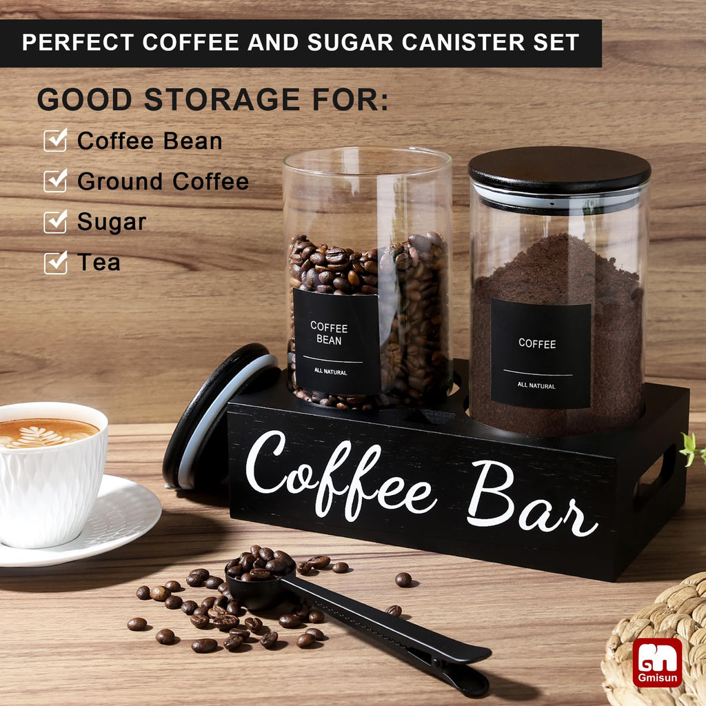 Coffee Container, 2 Pcs 50 Fl oz Airtight Bean Storage Canister, Black Glass Ground Coffee and Sugar Jar Set with