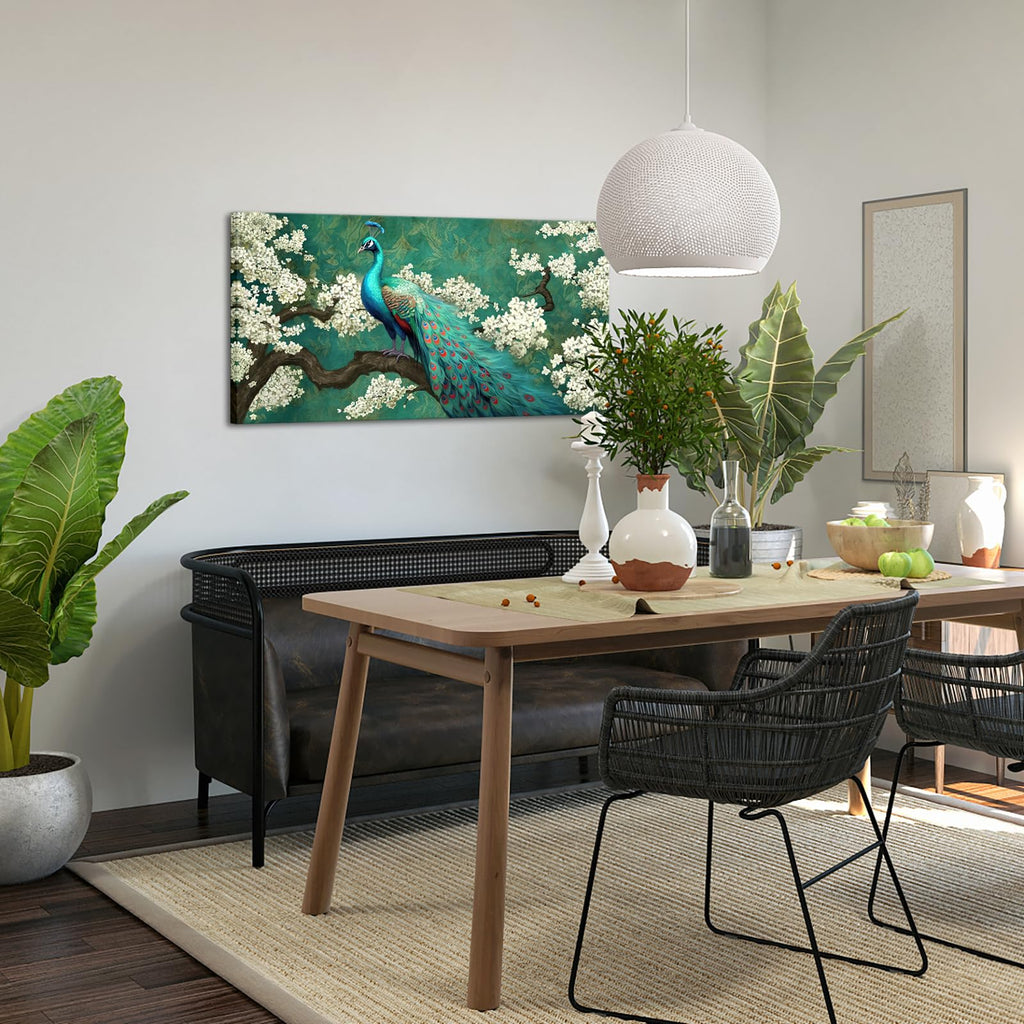 Peacock Canvas Wall Art Green and White Flower Elegant Animal Painting Pictures Artworks Bedroom Wall Decor Ready to