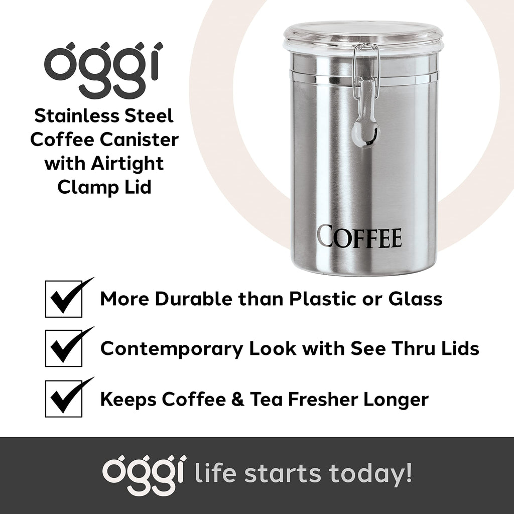 Stainless Steel Coffee Canister 62 fl oz - Airtight Clamp Lid, Clear See-Thru Top - Ideal for Coffee Bean Storage