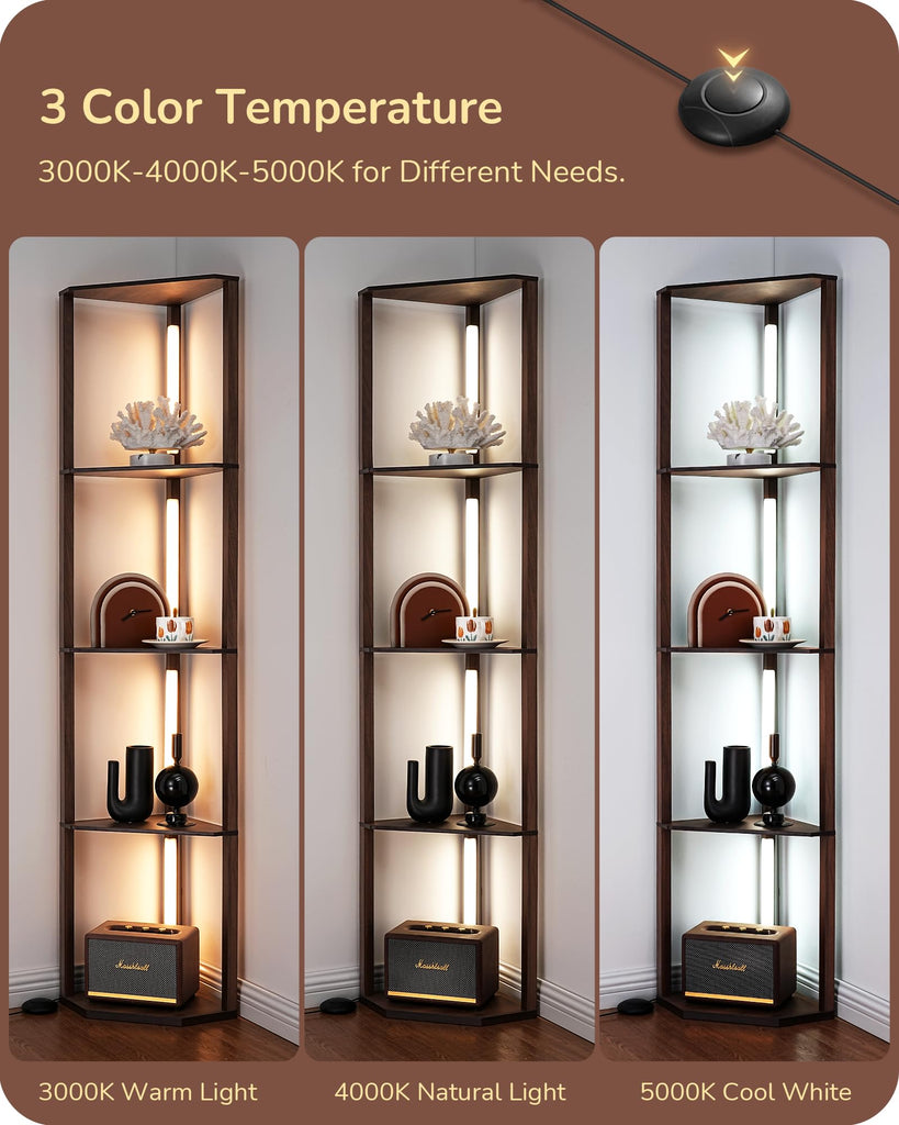 LED Corner Floor Lamp with Shelves, 3CCT, Walnut