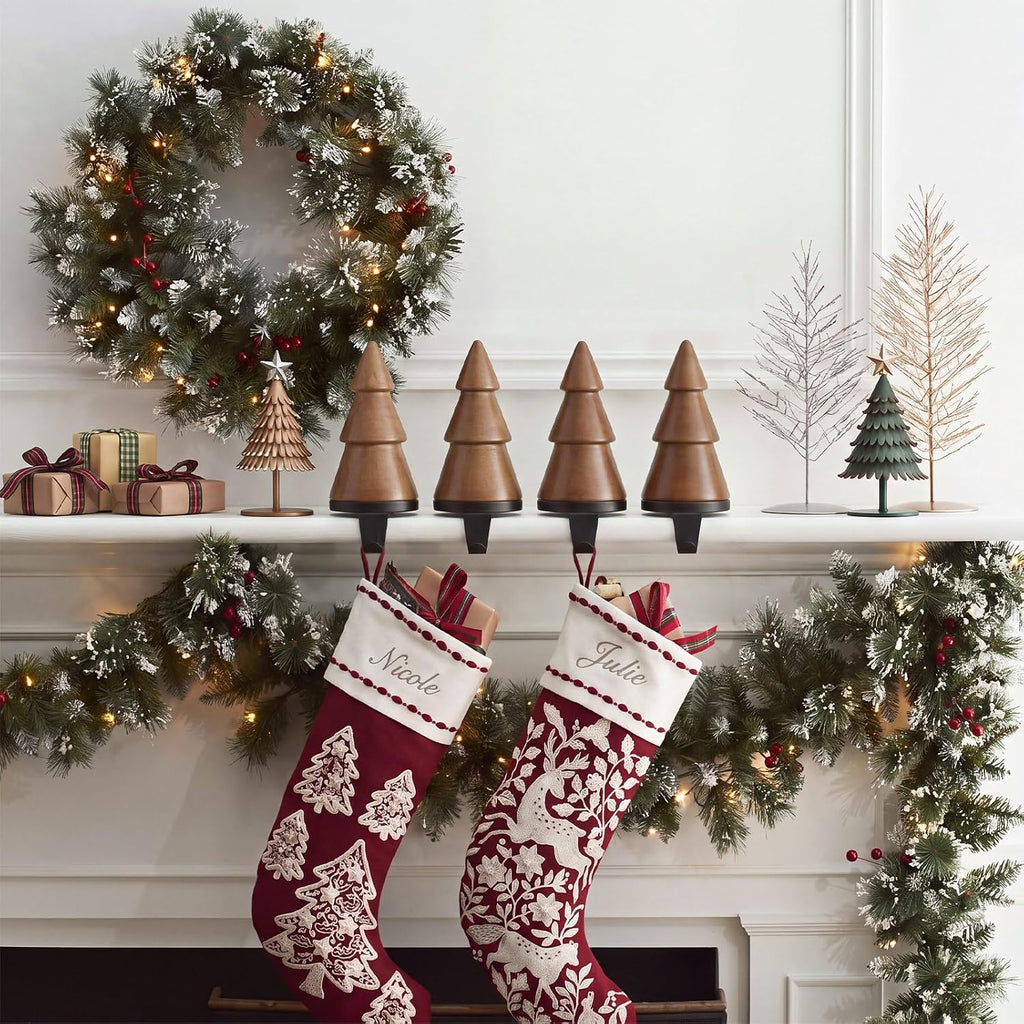 4 Pack Wooden Christmas Tree Stocking Holder for Mantle, Brown