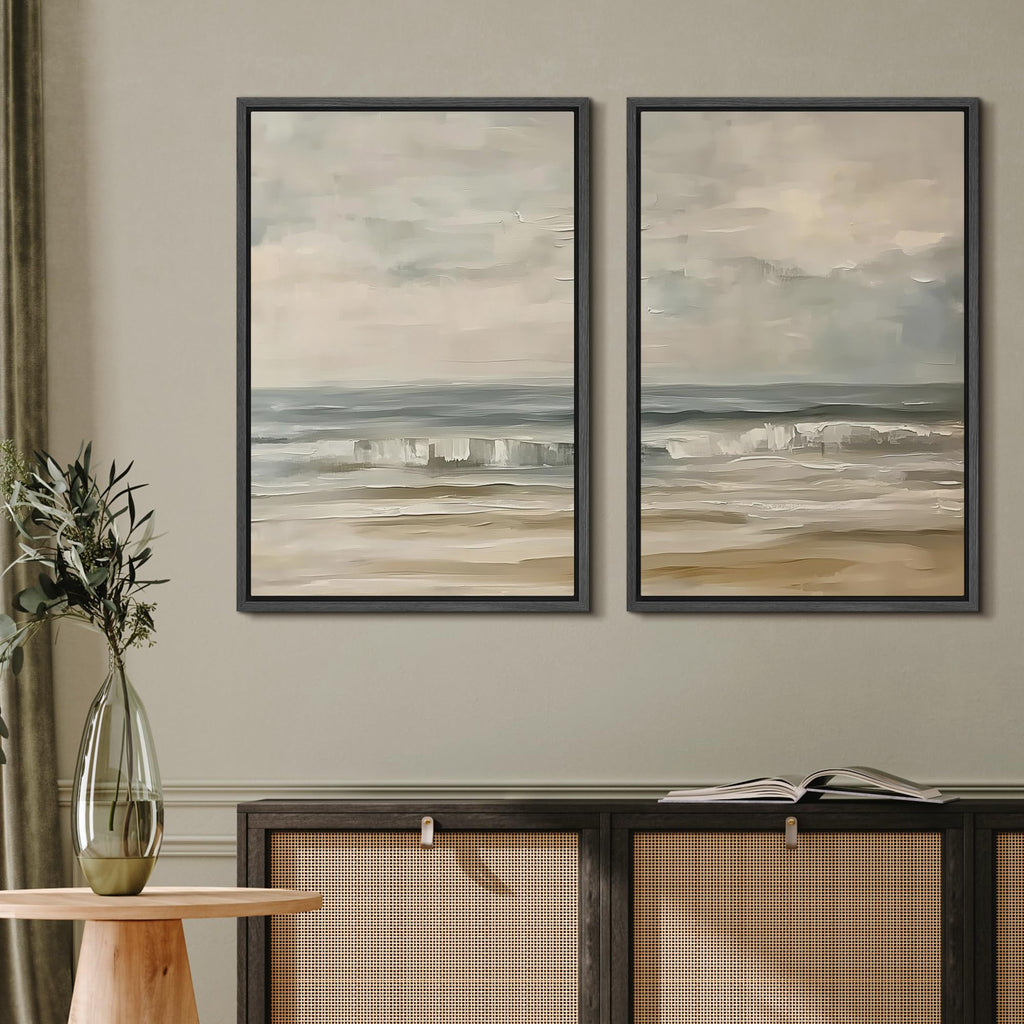 Framed Canvas Print Wall Art Set Beach Ocean with Waves and Sky, Neutral Blue and Beige Seascape Illustrations Modern