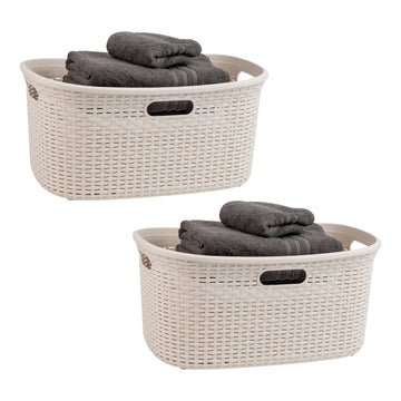 40L Laundry Basket, Clothes Hamper, Premium Wicker Design, Plastic, Set of 2, Ivory