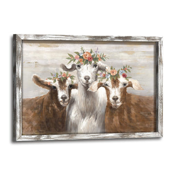 Goat Wall Art Framed Decor: Bathroom Farmhouse Country Animal Portrait Wood Painting Artwork Rustic Farm Lamb with