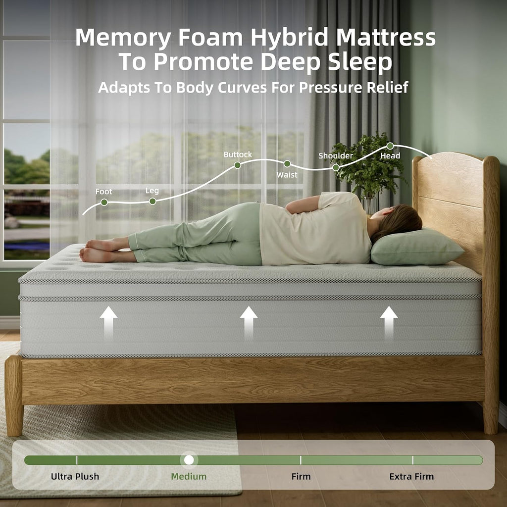 Full Mattress 12 Inch, Hybrid Spring Mattress, Medium Firm | Cool Sleep & Pressure Relief, Fiberglass-Free